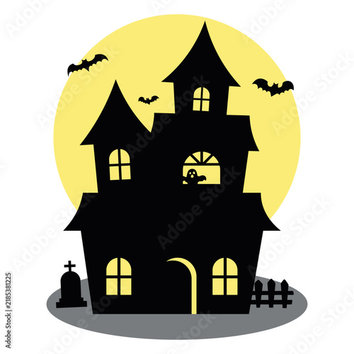 Spooky Halloween Haunted House with Bats and Full Moon Silhouette