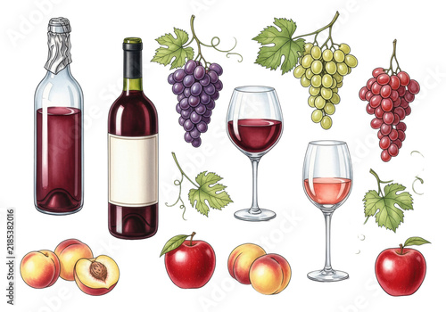 detailed hand-painted botanical watercolor collection of ruby red wine, rosé, grapes, apples, and peaches, scattered aesthetically on studio white background. concept of harvest bounty and natural