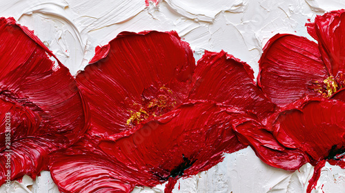 Abstract oil painting with bold red brushstrokes on white background