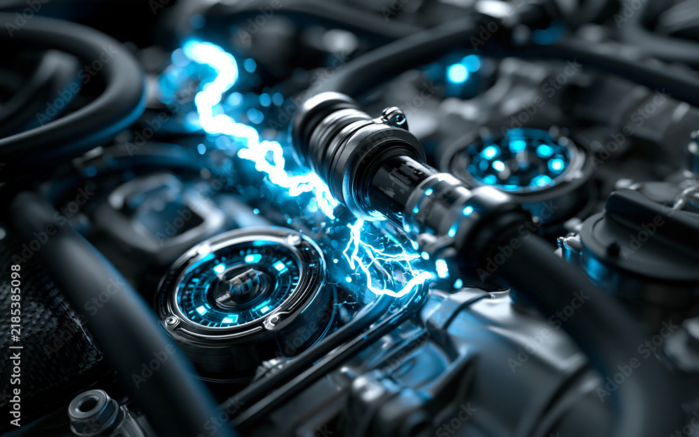 Fototapeta premium Close up of a powerful engine with electric blue energy displays