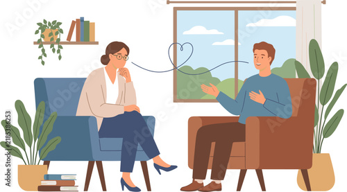 Bild auf Leinwand Therapist and patient in comfortable chairs, discussing emotions with a heart-sh