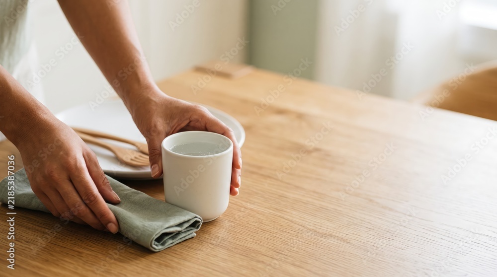 Fototapeta premium Human hands set tableware on smooth wooden surface