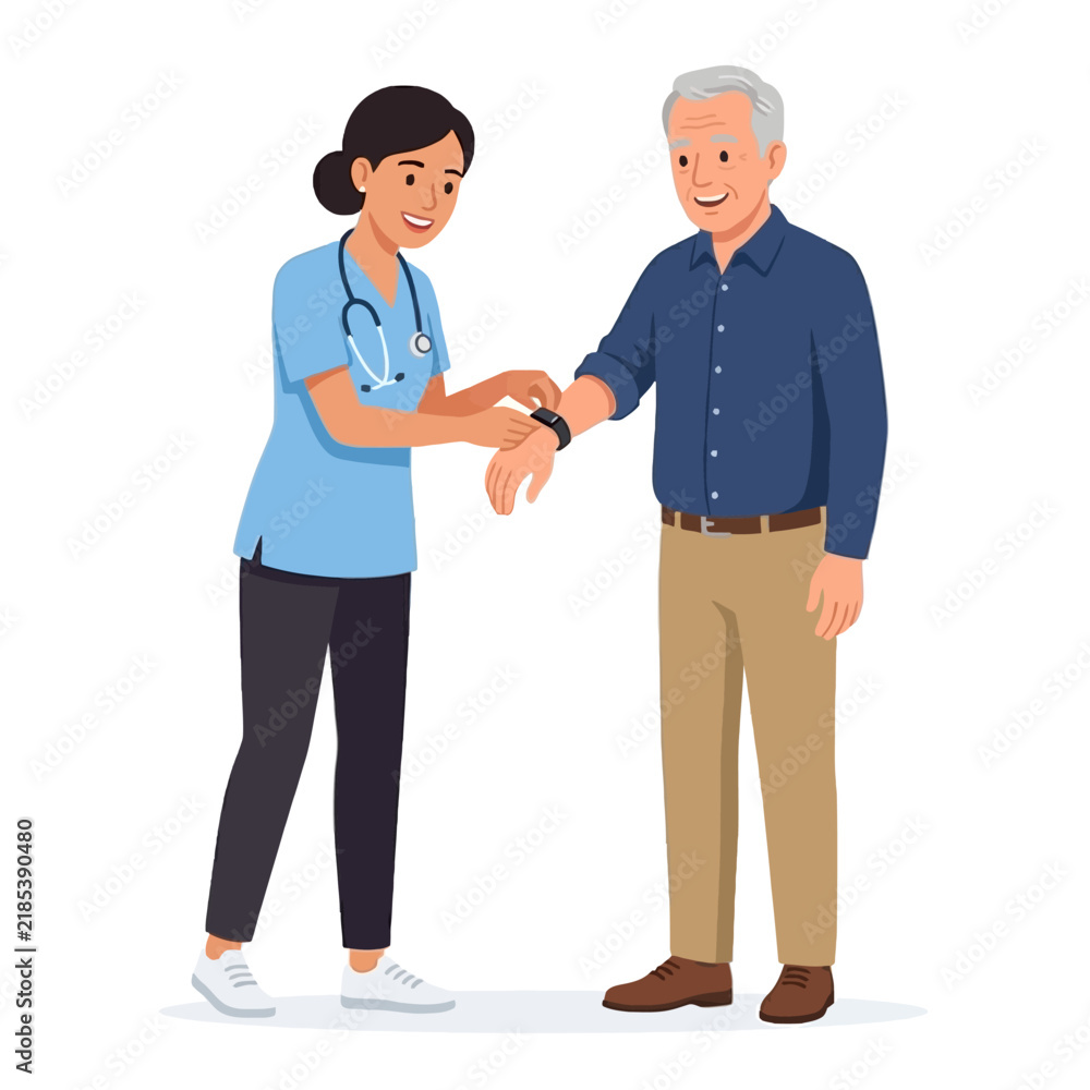 Obraz premium Nurse assisting senior man with health monitoring device.