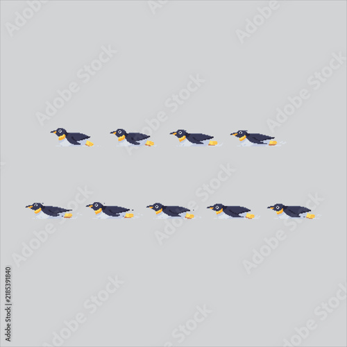 Pixel art illustration Penguin Slide. Pixelated Arctic Penguin. Arctic Penguin Slide Animation Icon pixelated for the pixel art game and icon for website and video game. old school retro.