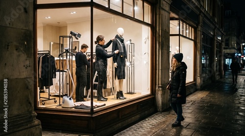 Retail workers arrange clothing display in shop window at night with a passerby looking in