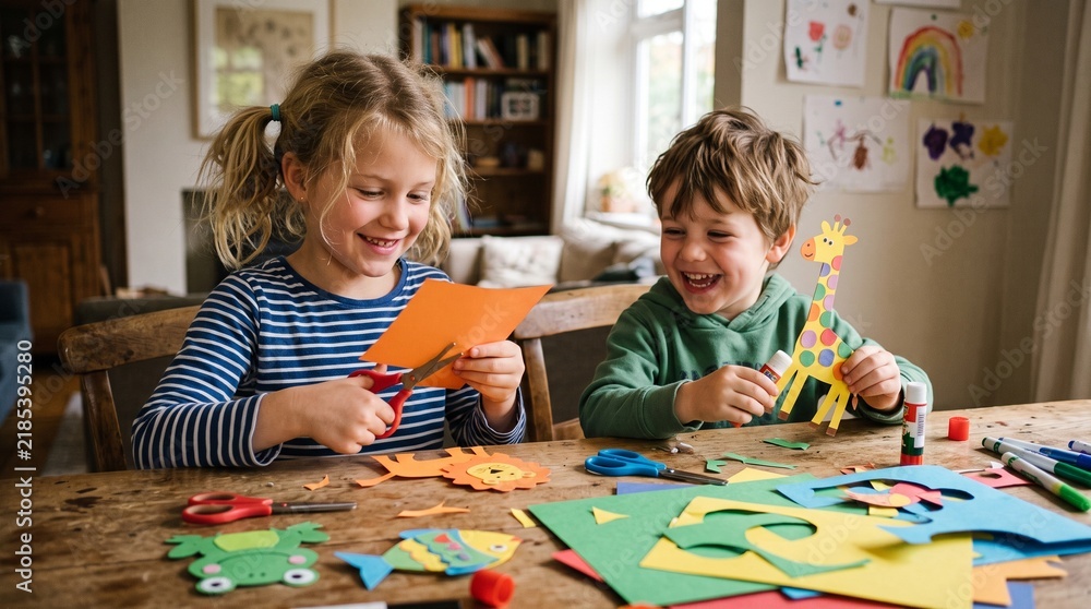Obraz premium Joyful siblings engaged in creative paper craft activity at a wooden table, cutting and gluing colorful shapes