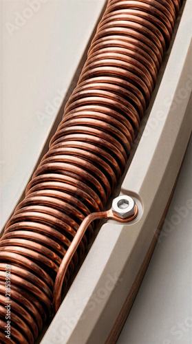 Tightly coiled copper wire spiral electrical component with metallic reflectance and silver hex nut fastener. Close-up vertical detail of electromagnetic inductor coil in industrial assembly
