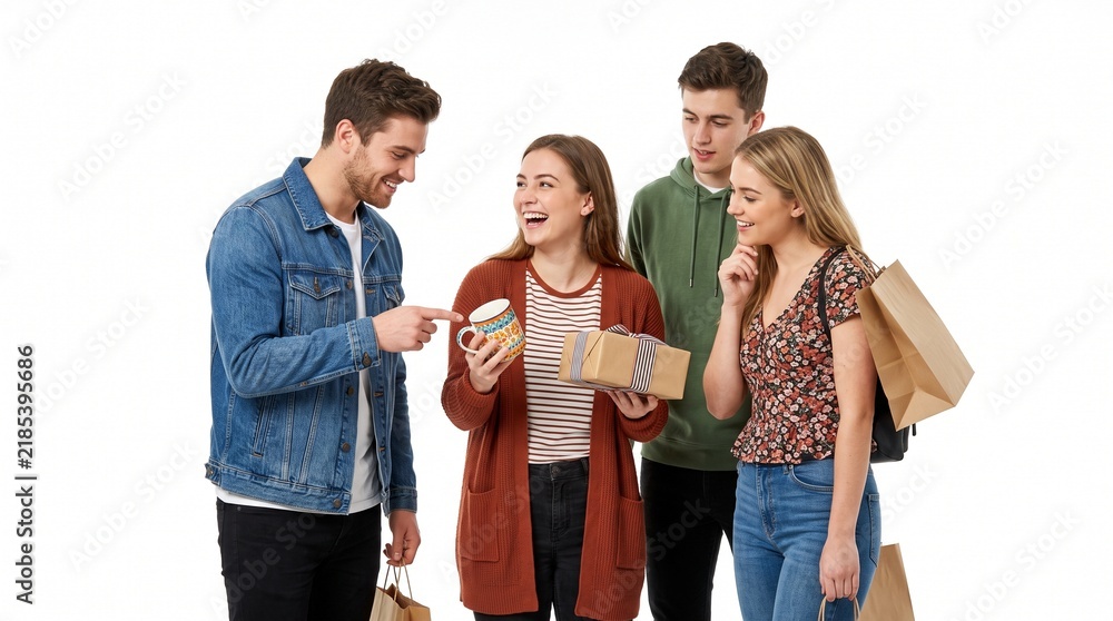 Obraz premium Friends sharing a gift and a mug with excitement and joy