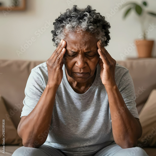 An elderly woman holds her head with both hands while sitting on a couch in her living room. She shows signs of stress and discomfort. Natural light comes through the window Generative AI
