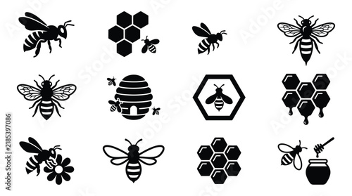 Bee and honeycomb silhouettes on a white background