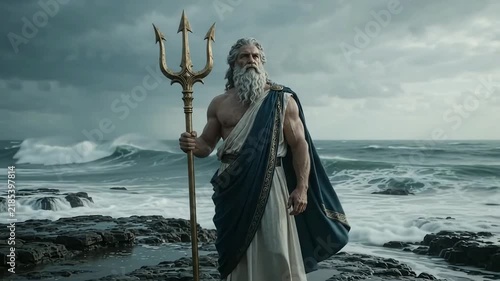 Poseidon the Greek god of the sea stands on a rocky shore holding a golden trident against a stormy ocean background, majestic mythological deity.
