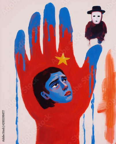 Social Concept Illustration of Anxious Person and Giant Red Hand