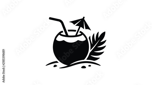 Coconut drink with straw and umbrella black silhouette on white background