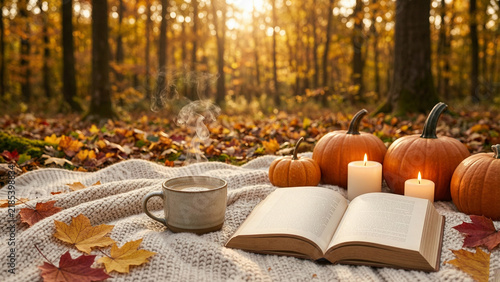 Cozy Autumn Forest Picnic with Hot Coffee, Pumpkins, Candles and Open Book