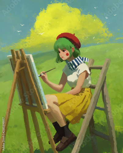 Woman Painting on Easel Outdoors