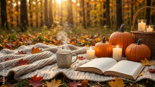 Cozy Autumn Forest Picnic with Hot Coffee, Pumpkins, Candles and Open Book