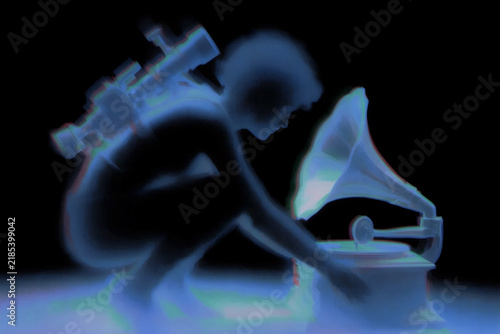 Surreal Blue Figure with Vintage Gramophone