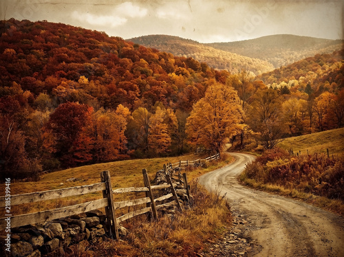Winding Rural Dirt Road Through Vibrant Autumn Foliage and Rolling Hills