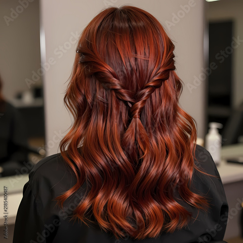 A person sits in a salon chair while a stylist works on red hair styled in curls. The environment features mirrors and bright lights Generative AI