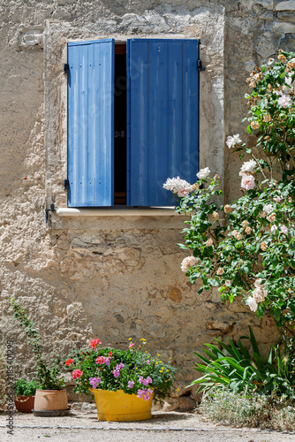 Fenster mit blauen Fensterläden und Rosenstock, Rossillion
