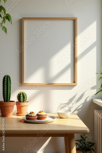 Sunny Scandinavian kitchen, wooden table, dessert, cacti, plants, mock-up frame , light, table, background