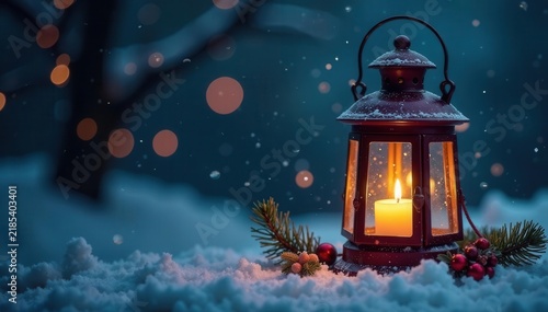 Vintage Christmas lantern with candlelight, dark blue snowy background, bokeh , serenity, festive