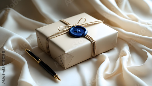 Elegant Beige Gift Packaging with Navy Wax Seal and Gold Pen Aesthetic