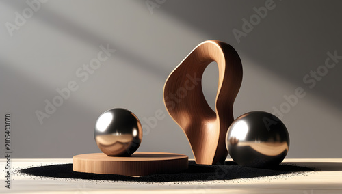 Elegant Minimalist Artwork  Flowing Wood Form and Smooth Circular Sculpture
