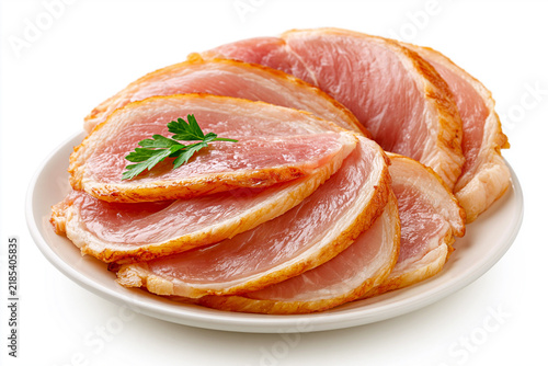 Slices of cooked meat arranged on a white plate with a small garnish