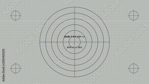Retro Japanese television test pattern card with circular lines and grid background.