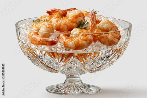 Shrimp served on ice in a crystal bowl for a seafood dish