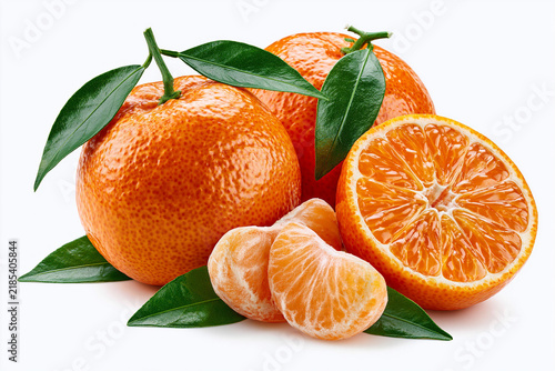 Fresh oranges and tangerines with green leaves on a plain background