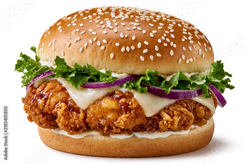Crispy chicken sandwich with vegetables on a sesame seed bun