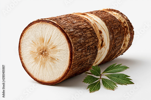 Yuca root on a white surface with green leaves nearby