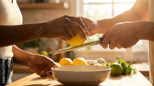 Diverse hands zesting lemon with grater collaboration cooking preparation