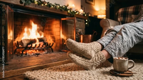 Woman in knitted socks relaxing by burning fireplace with mug of hot cocoa. Cozy winter evening at home, hygge comfort, Christmas holidays and warm relaxation