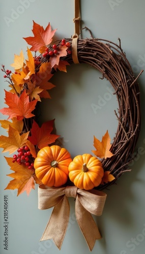 Rustic twig wreath, autumn leaves, mini pumpkins, berries, burlap ribbon , rustic charm, close-up