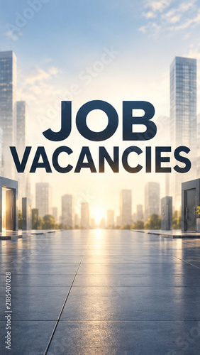 Bold job vacancies text over a bright contemporary city skyline and reflective urban plaza at sunrise.