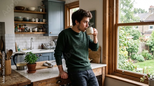 Young man enjoying a hot beverage in a cozy kitchen with a view of the garden
