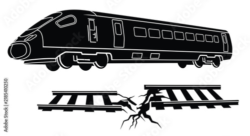 Bild auf Leinwand Black silhouette of a high speed train above fractured railway tracks