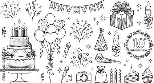 фотографія Happy tenth birthday celebration doodle icon set with cake balloons gift box fir