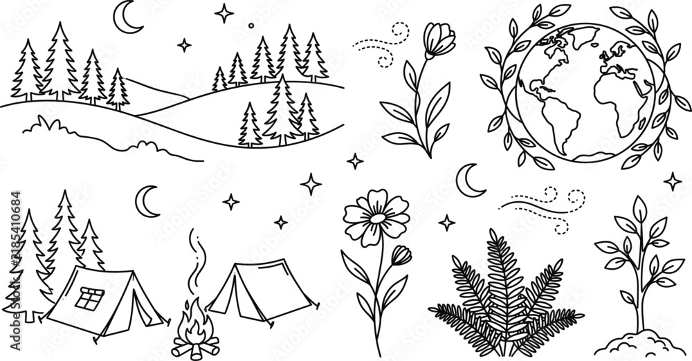 Fototapeta premium Nature conservation and night camping line icon set featuring planet earth forest landscapes tents campfire and botanical vectors