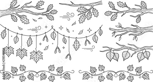 Tree branch vector icon set with autumn oak maple leaves garland and decorative foliage borders in line art