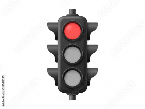 A modern 3D vector traffic light illustration with a glowing red light stop signal on a clean white background