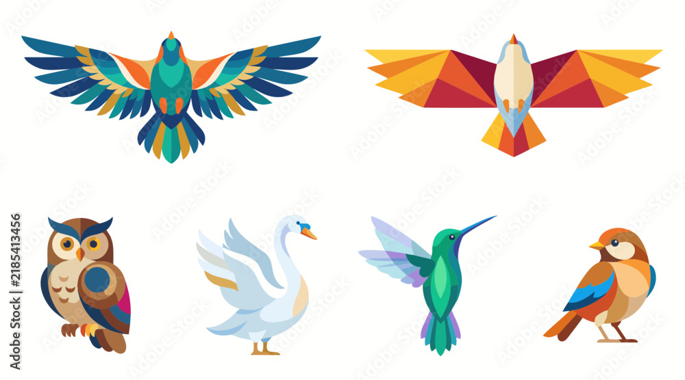 Obraz premium Stylized collection of colorful bird vector illustrations featuring geometric shapes and flat modern artistic design elements