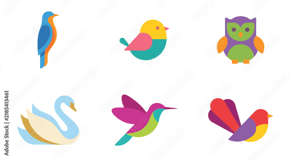 Obraz premium Vibrant collection of colorful bird vector illustrations featuring flat minimalist shapes for creative graphic design projects