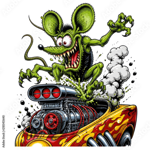 Colorful Green Monster Emerging From A Flaming Vintage Hot Rod Engine On Transparent Background