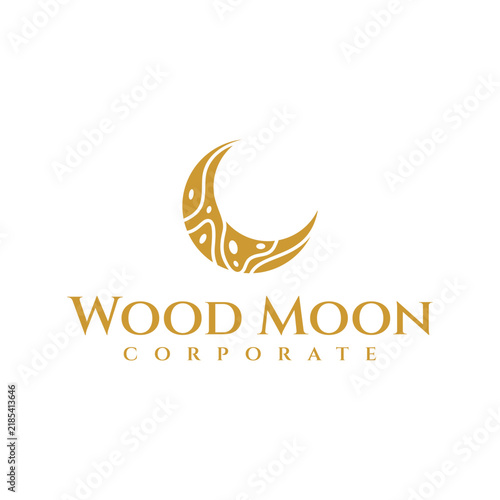 Wood Moon Logo. A crescent moon logo template combined with a wood grain texture or pattern.