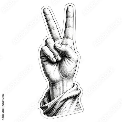 Detailed Black And White Engraved Human Hand Showing Victory And Peace Gesture Isolated