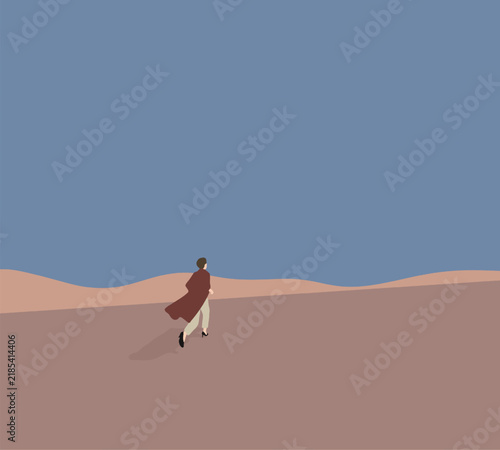 Fashionable woman in red coat walking on urban street with mountain landscape view.